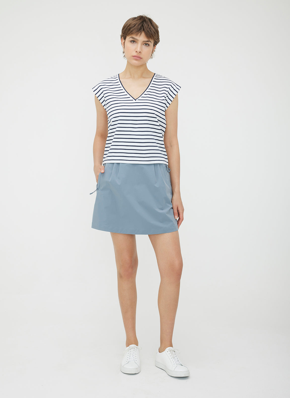 Soho V-Neck Flounce Tee ?? | S || Bright White/Navy Stripe