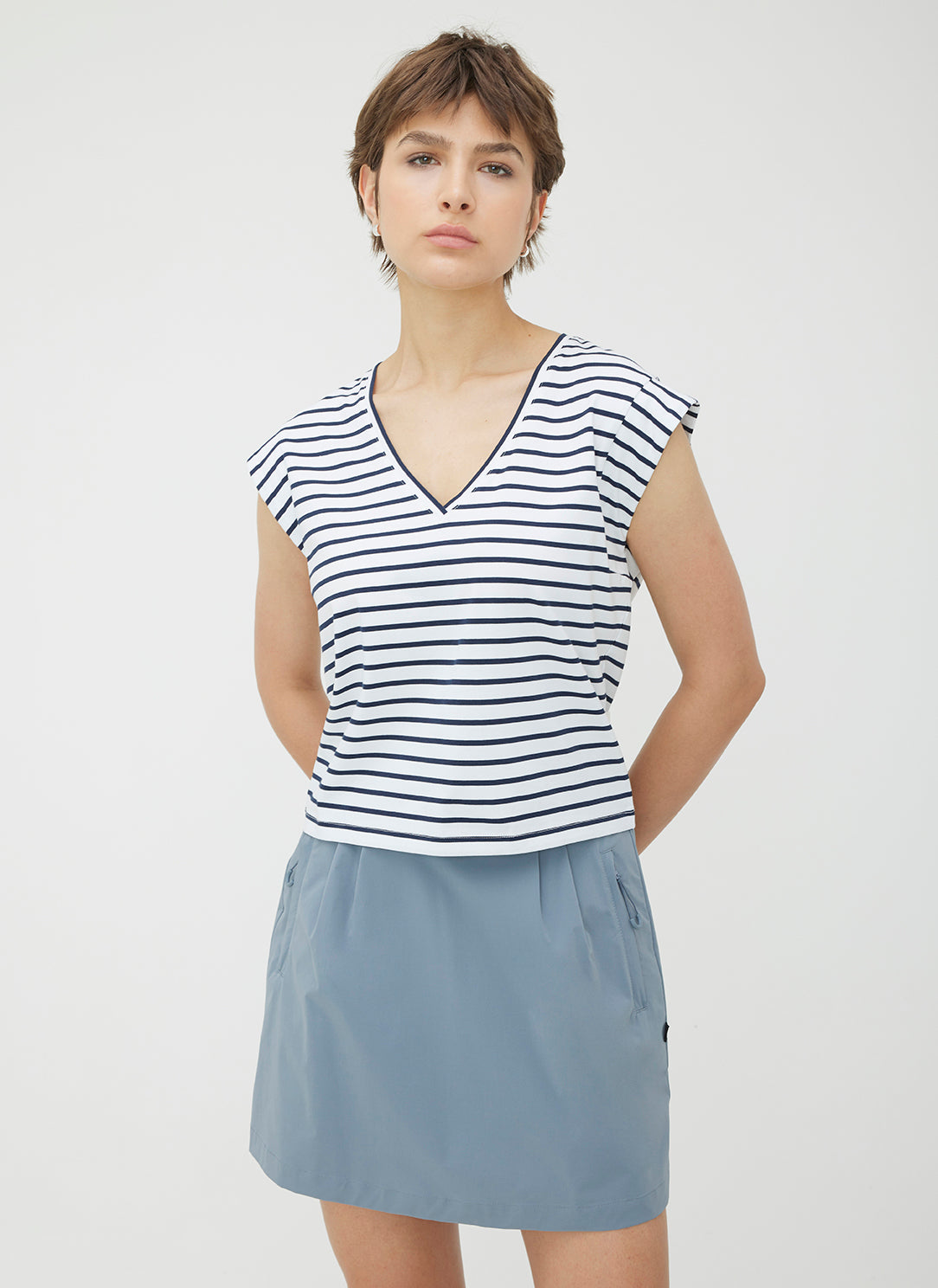 Soho V-Neck Flounce Tee ?? | S || Bright White/Navy Stripe